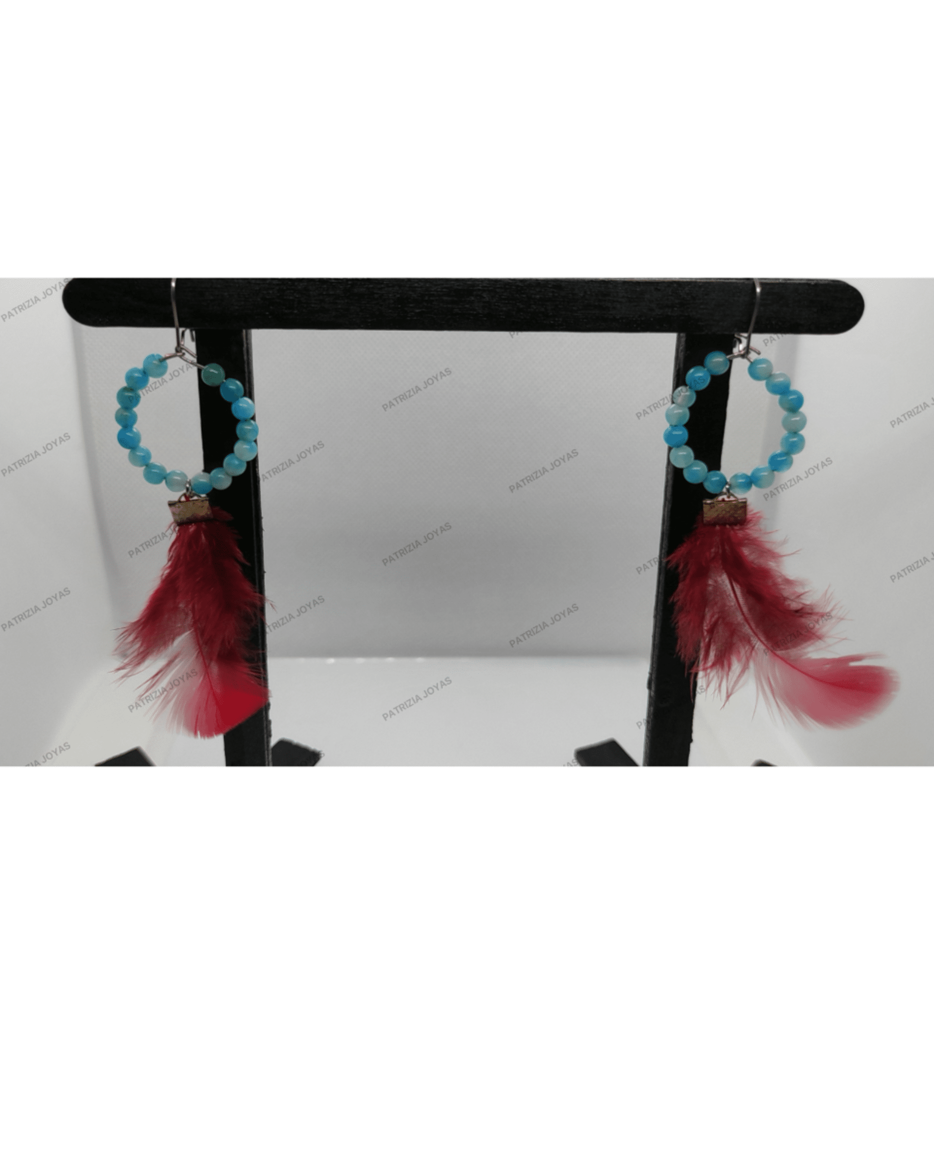 Pendiente aro con mineral ágata azul y pluma - 2