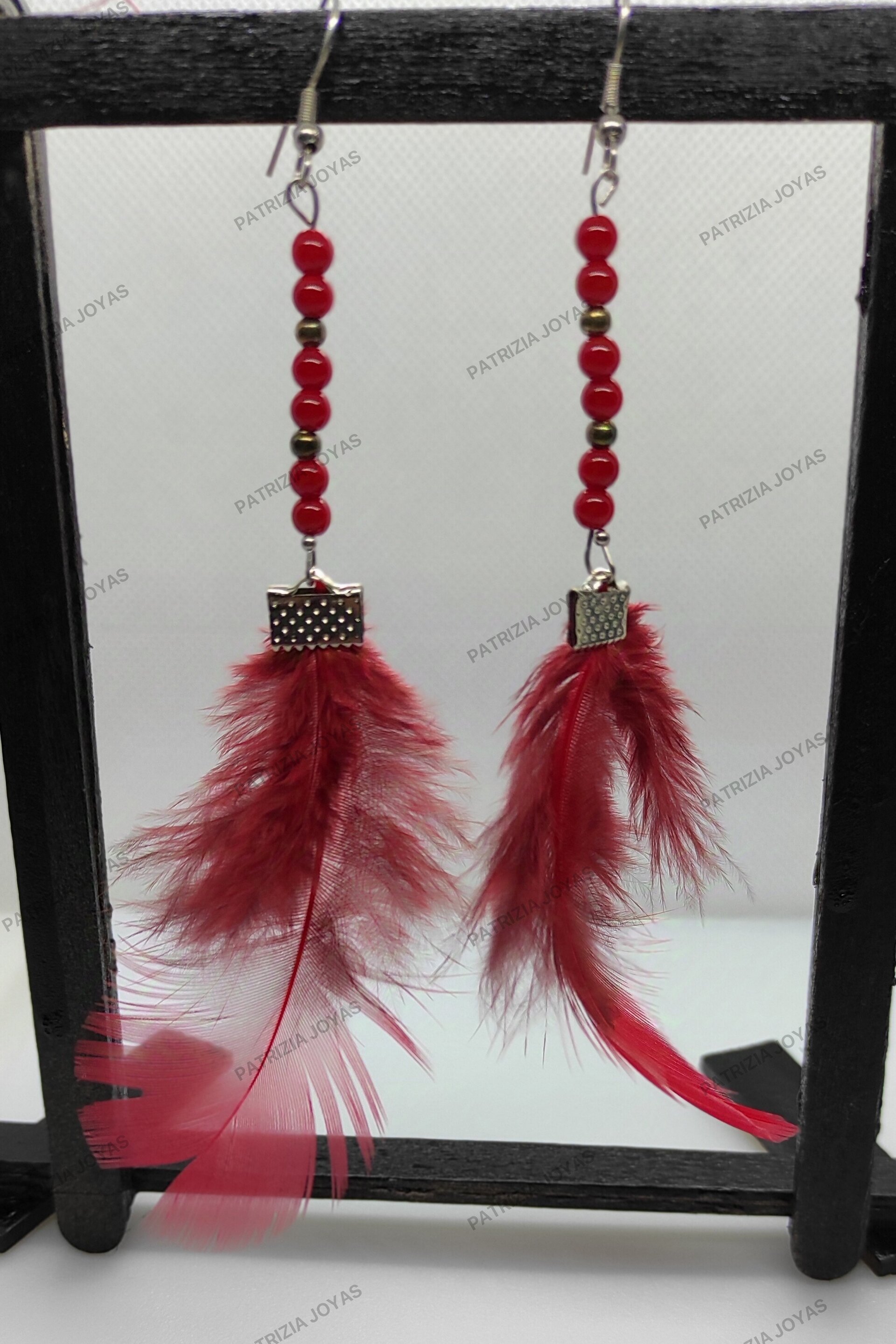 Pendiente cornalina roja con pluma - 2